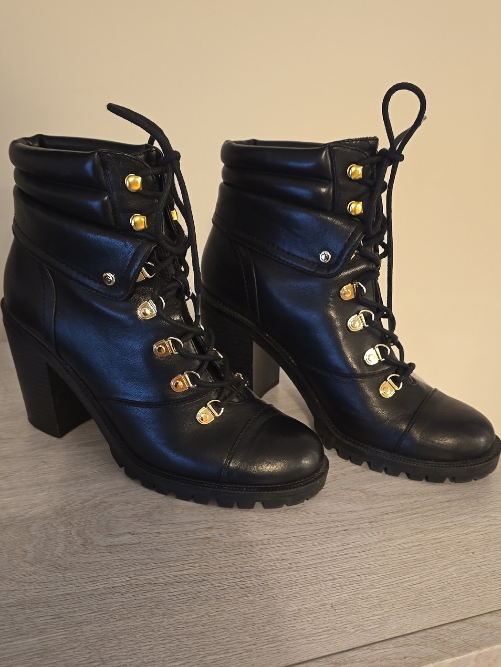 G by Guess Black Lace-Up Heeled Ankle Boots with Gold Hardware